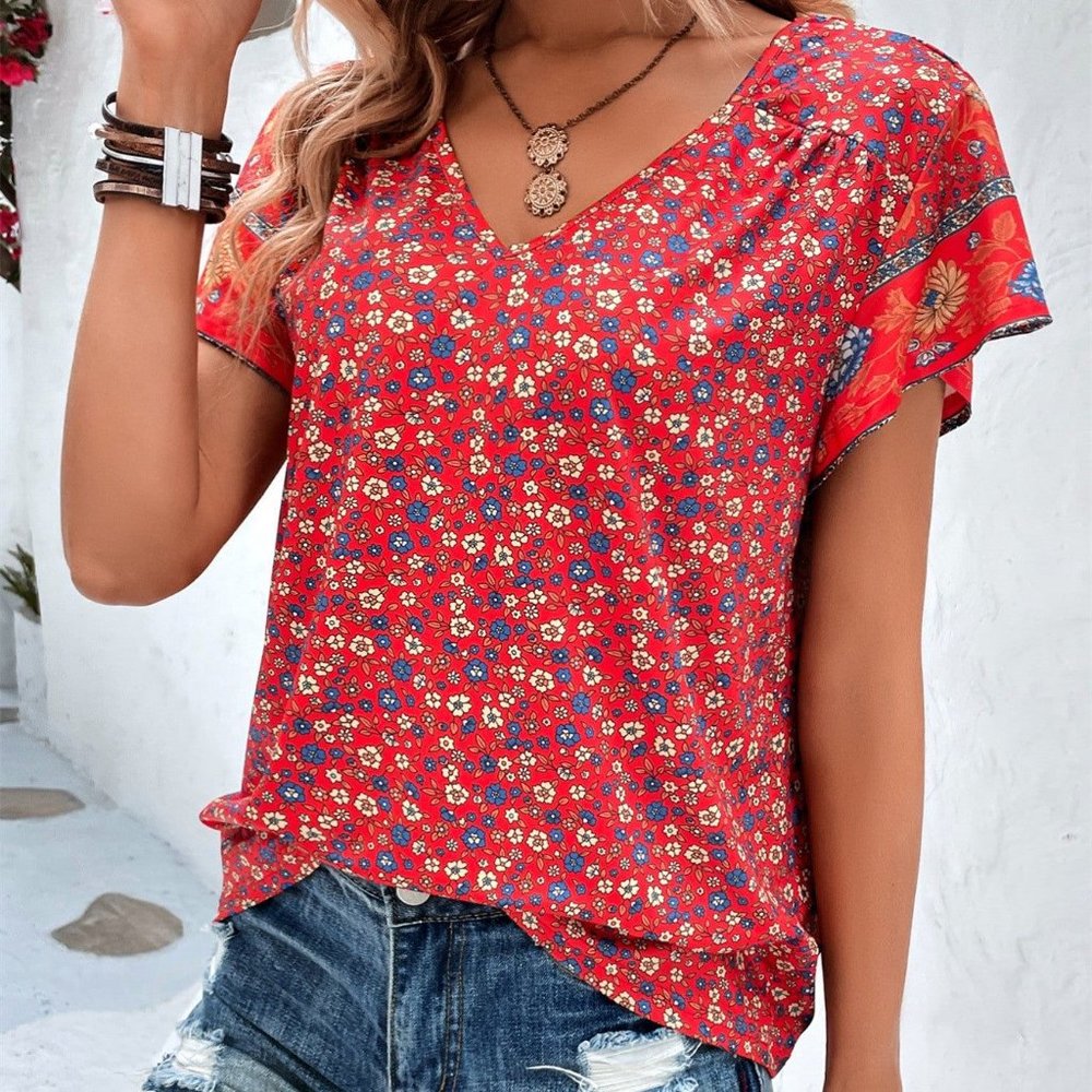New Women's Fashionable Elegant Floral V-neck Shirt Top